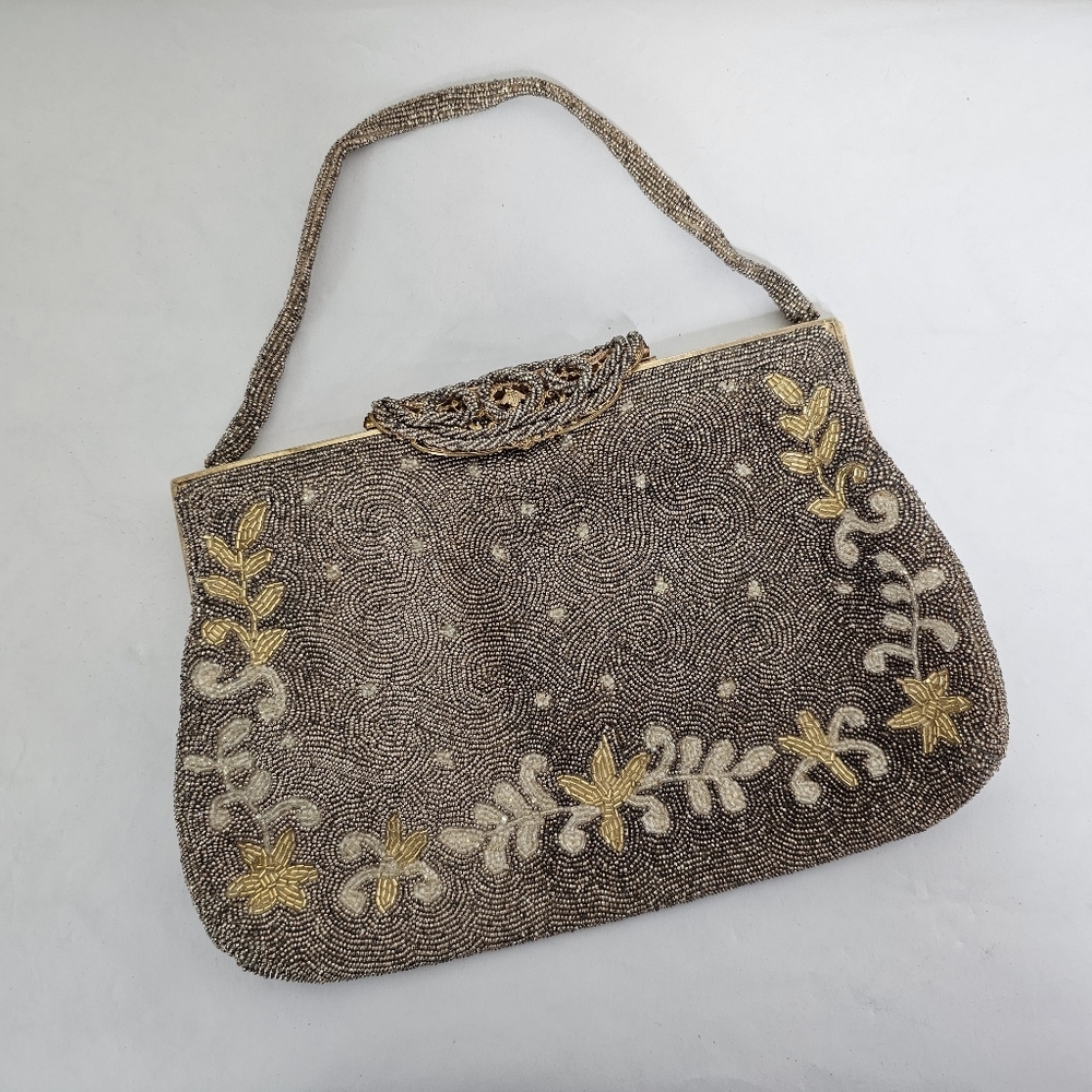 Vintage Taupe Seed Beaded Handbag Gold Floral Unique Hinge Top Clasp